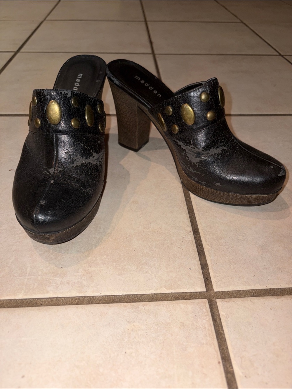 Madden Girl Black Platform Mule Clogs with Gold Studs